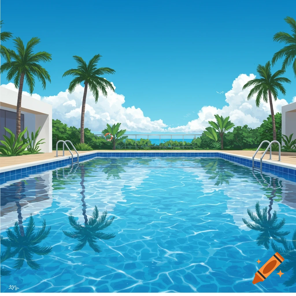 A swimming pool with palm trees and a bright blue sky with clouds.