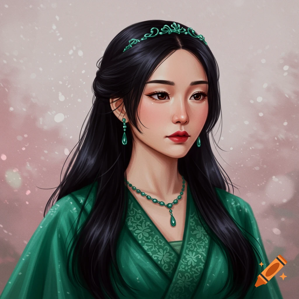 A woman in green historical clothing and green jewelry