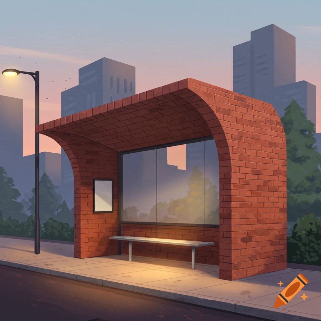A brick bus stop at sunset with buildings in the background.