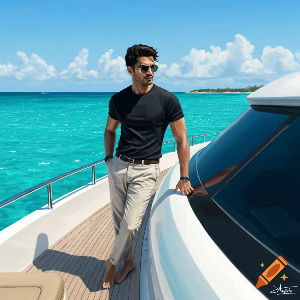 A man in a black shirt and beige pants stands on a yacht.