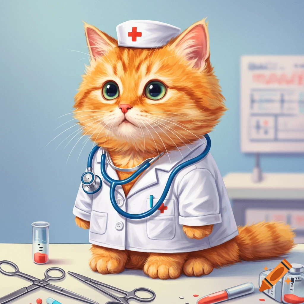 An orange cat dressed as a doctor with stethoscope and medical tools.
