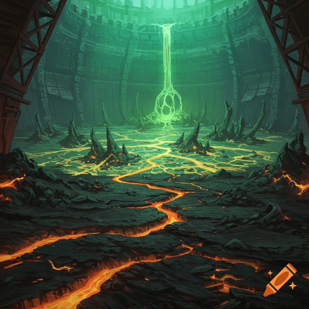 The interior of a large circular structure featuring a central green glowing core. Liquid drips from the core into a pool of green liquid. The surrounding ground is cracked, with orange lava flowing through the fissures.