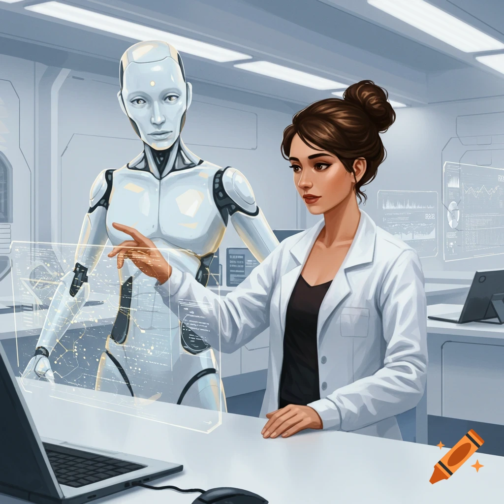 A woman in a lab coat and a robot examine a holographic screen in a lab.