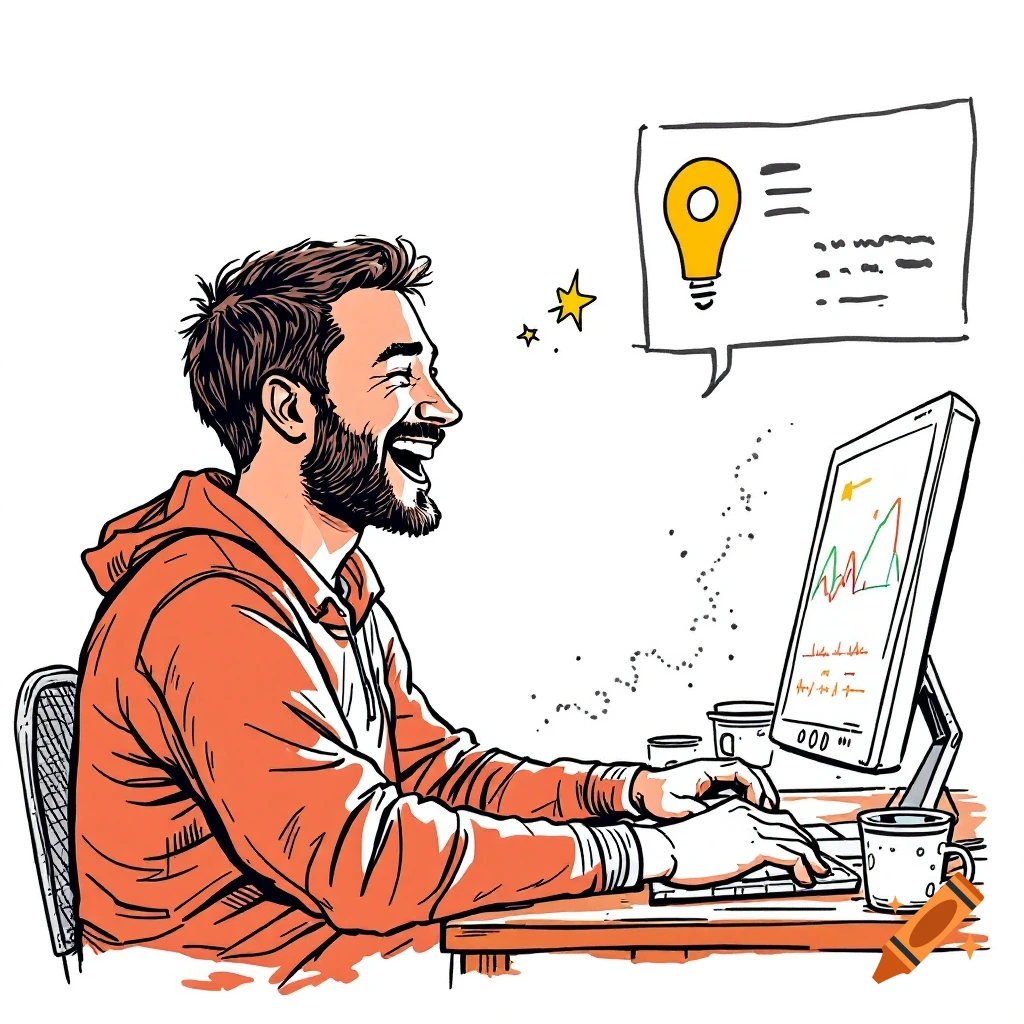 Sketch illustration of a person laughing while working at a computer with an idea bubble.