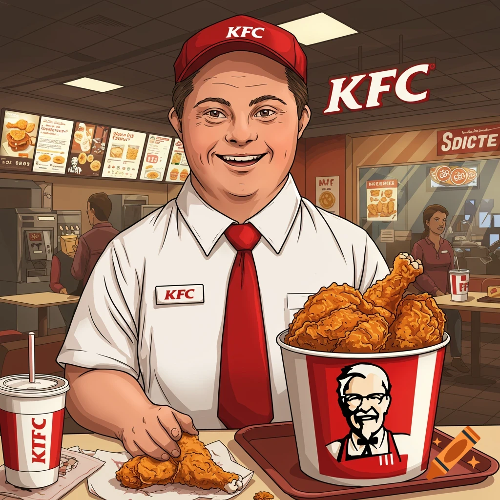 A person with Down Syndrome working at KFC, holding fried chicken and standing next to a bucket.