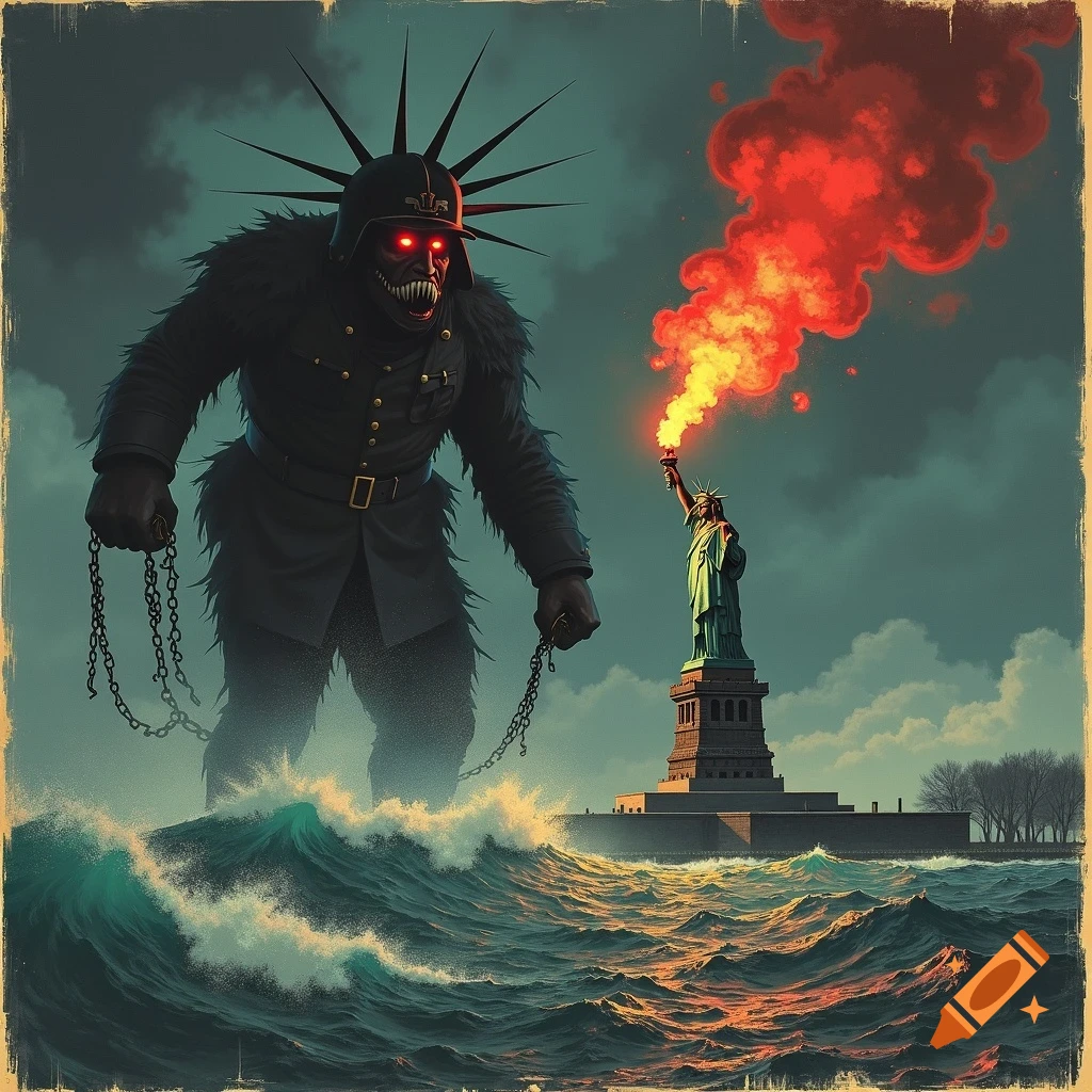 Giant monster threatens Statue of Liberty in stormy vintage propaganda art.