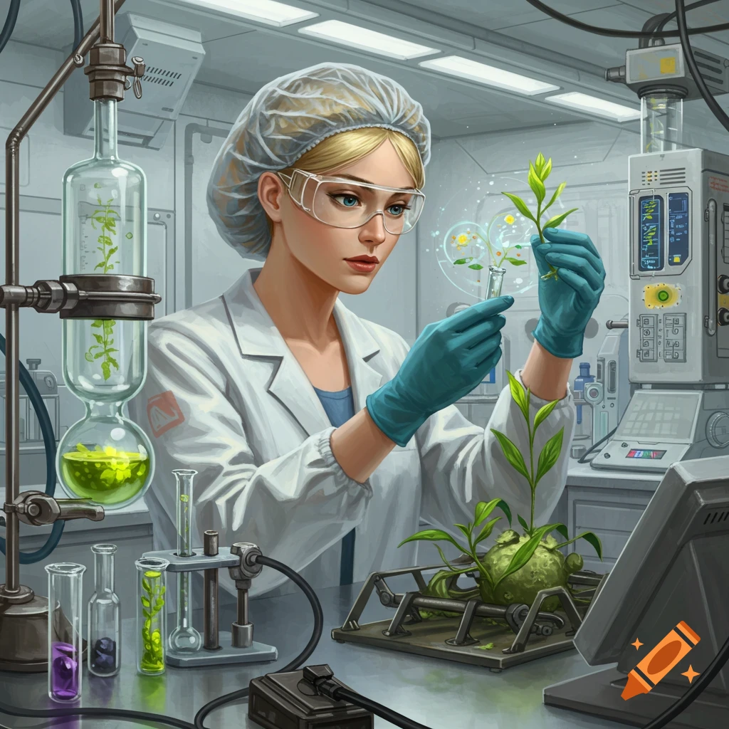 A scientist wearing safety glasses and a lab coat is holding a plant sample in a laboratory.