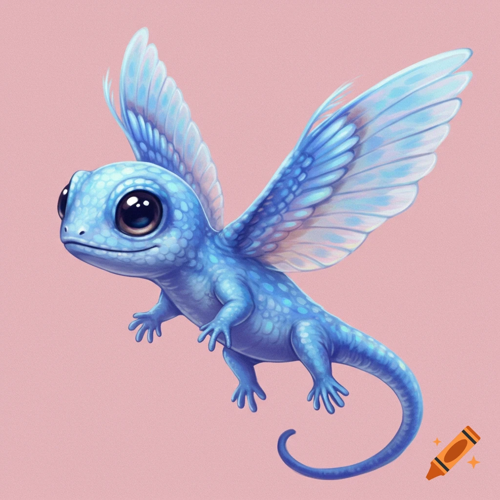 A cute blue flying lizard on a pink background.