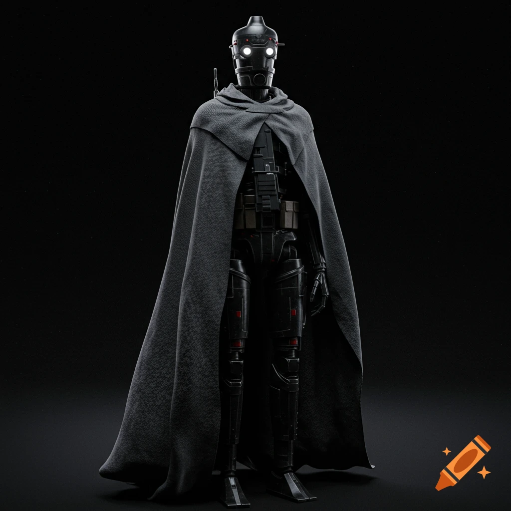 A black robot wearing a grey cloak, based on a Star Wars design