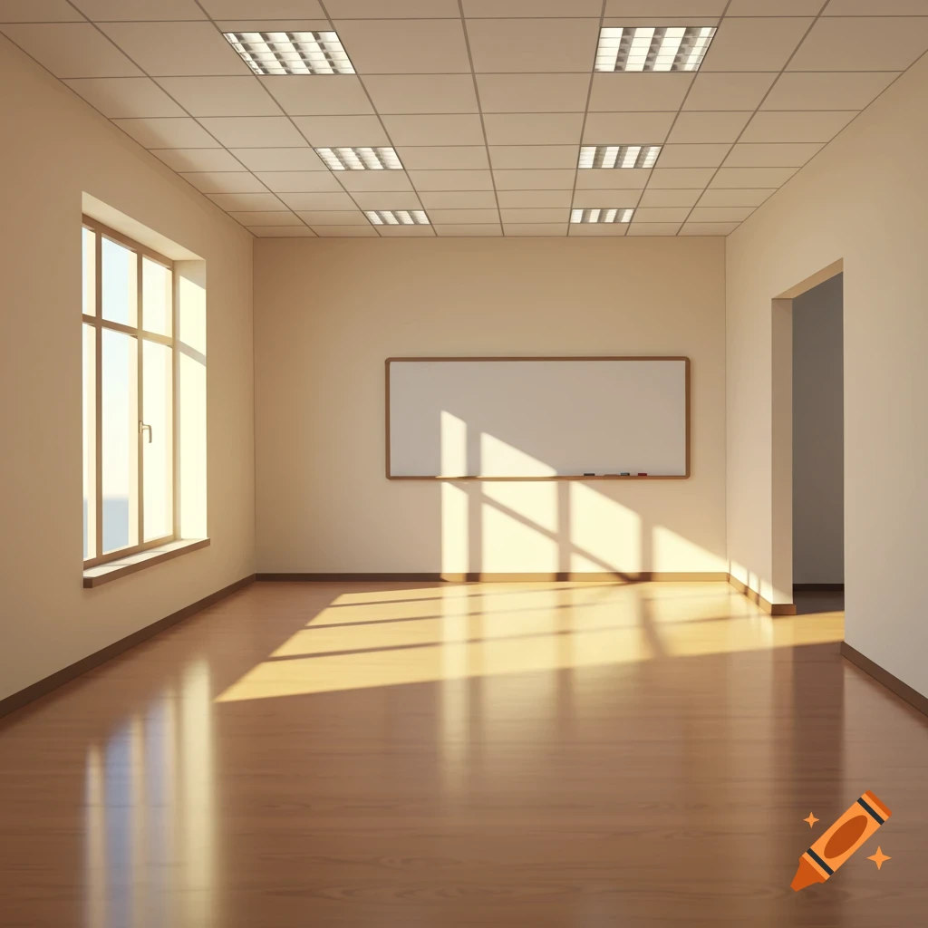 Empty room with sunlight streaming through a large window onto a polished wooden floor, with a whiteboard on the wall.