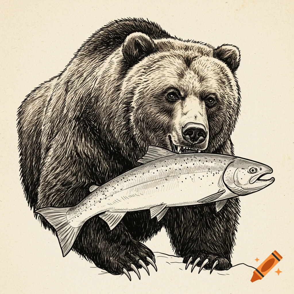 Black and white vintage sketch of a bear holding a fish