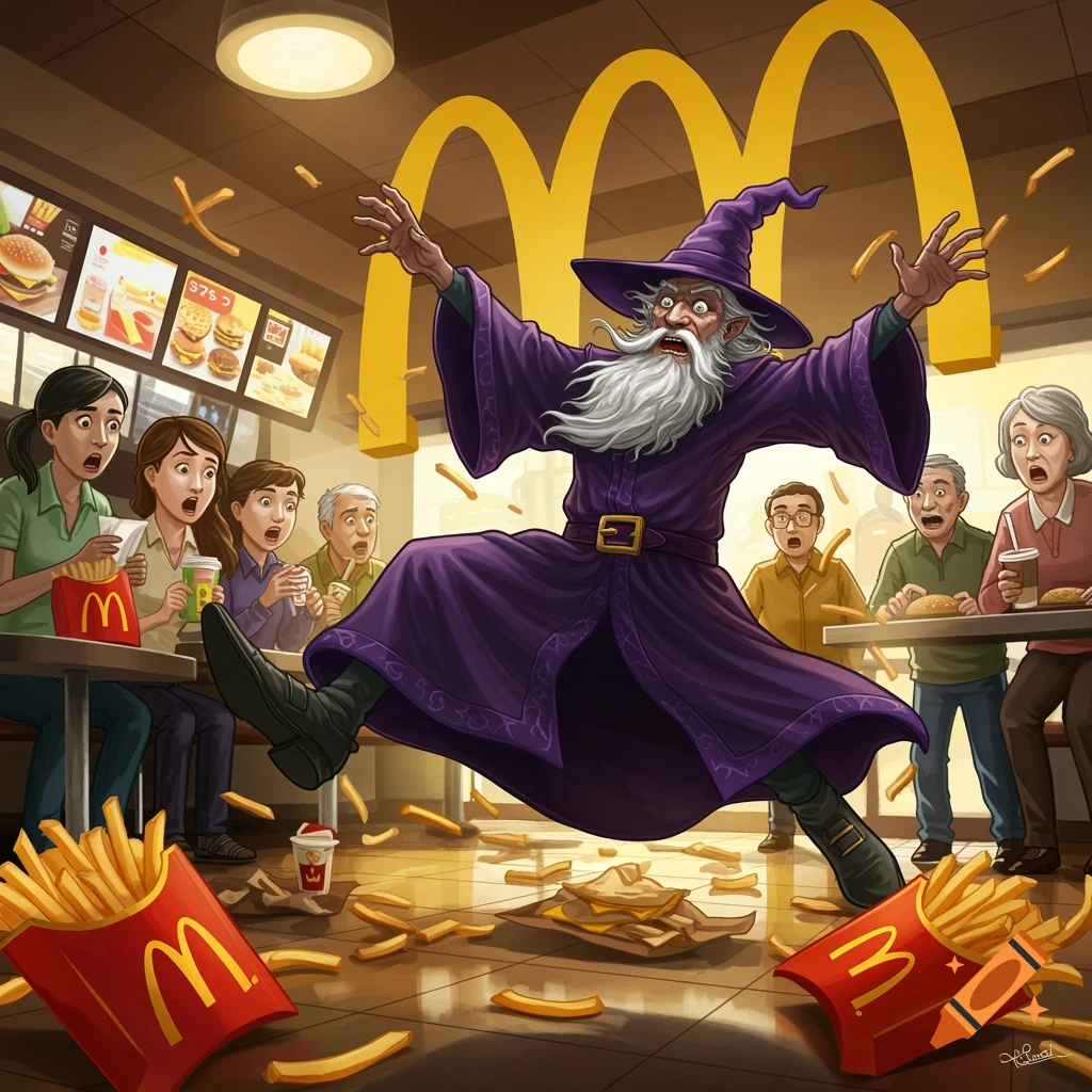 A cartoon of a wizard in a purple robe slipping on scattered french fries in a McDonald's as shocked patrons watch.