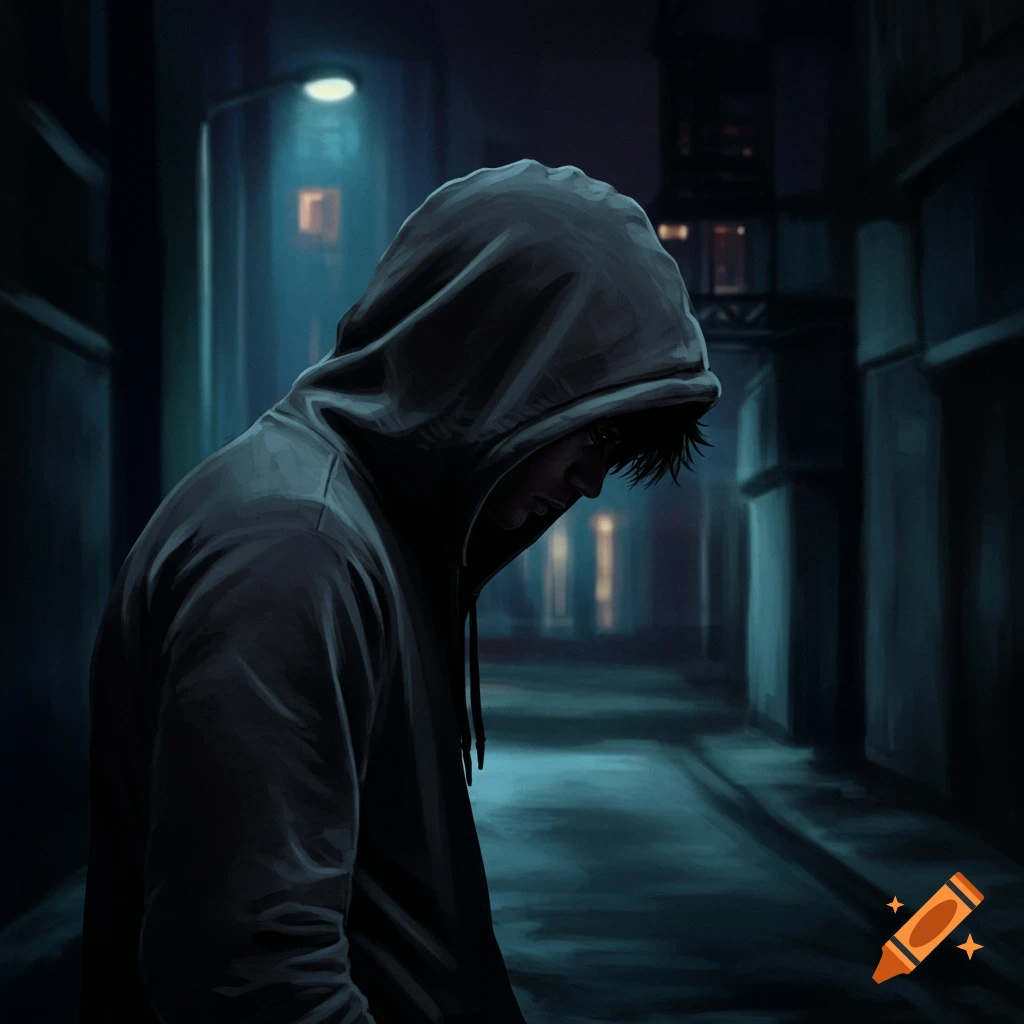A sad person in a hoodie stands in a dark alley at night.