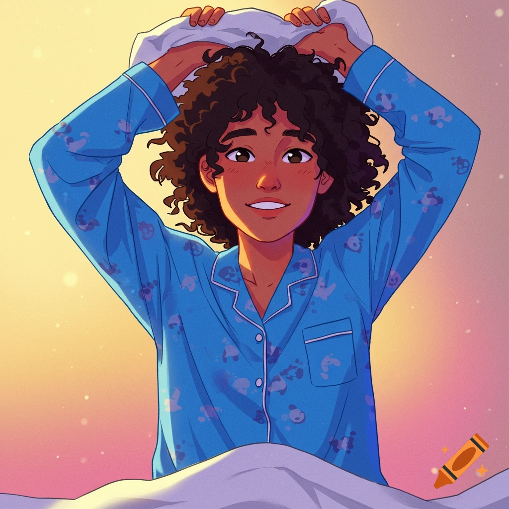 A young person with curly hair in blue pajamas is sitting in bed, holding a pillow above their head.