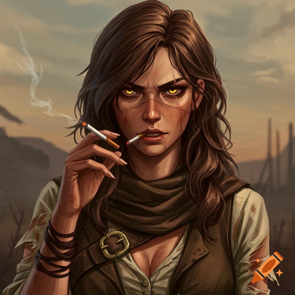 A scarred woman with yellow eyes smoking a cigarette in a post-apocalyptic wasteland.