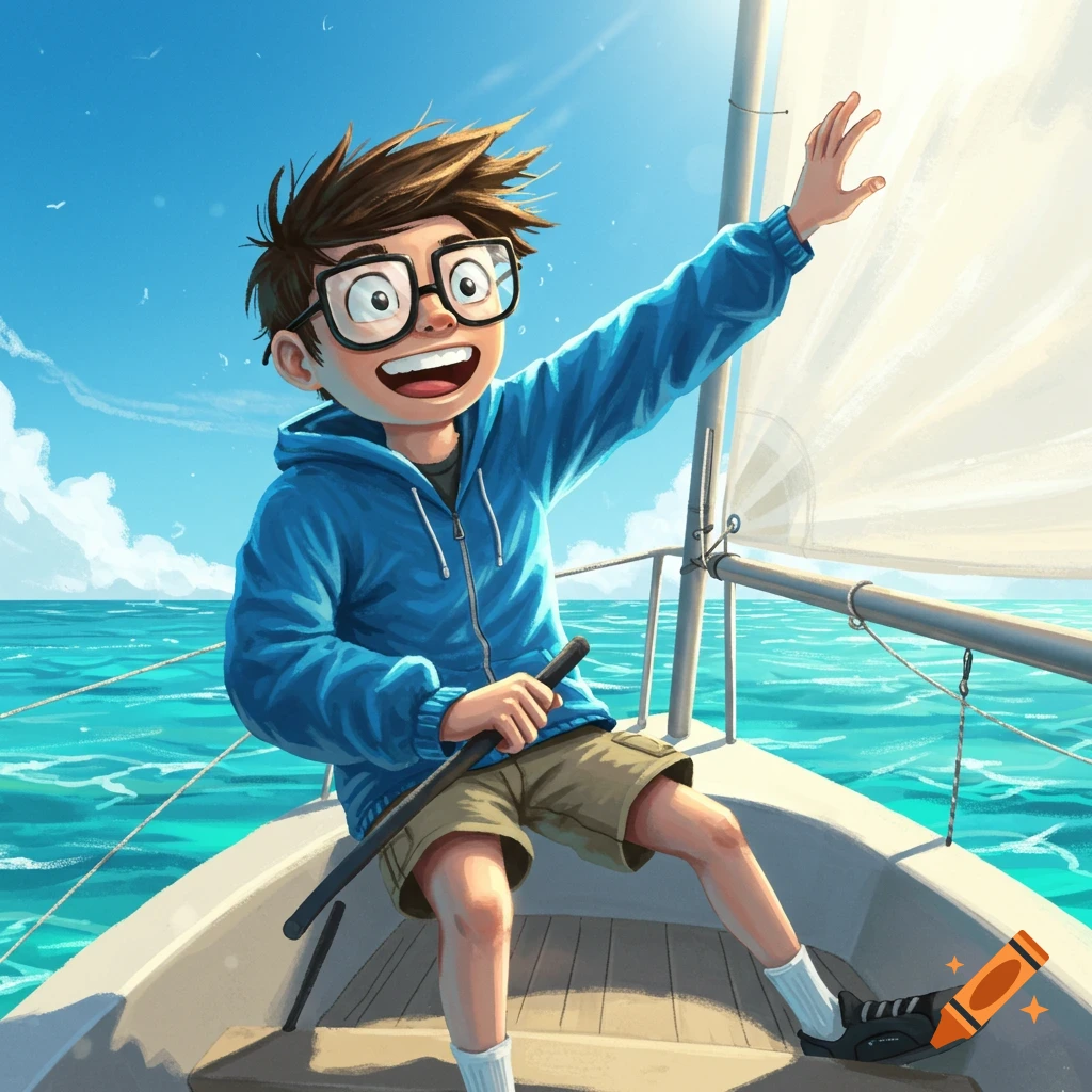 A happy boy with glasses waving from a sailboat on the sea.