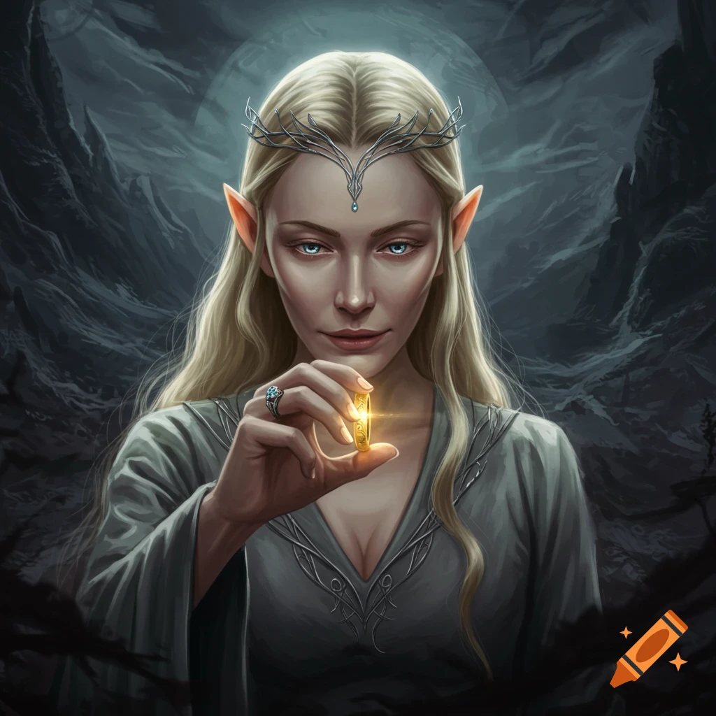 An elf woman holding a glowing gold ring in a dark fantasy setting.