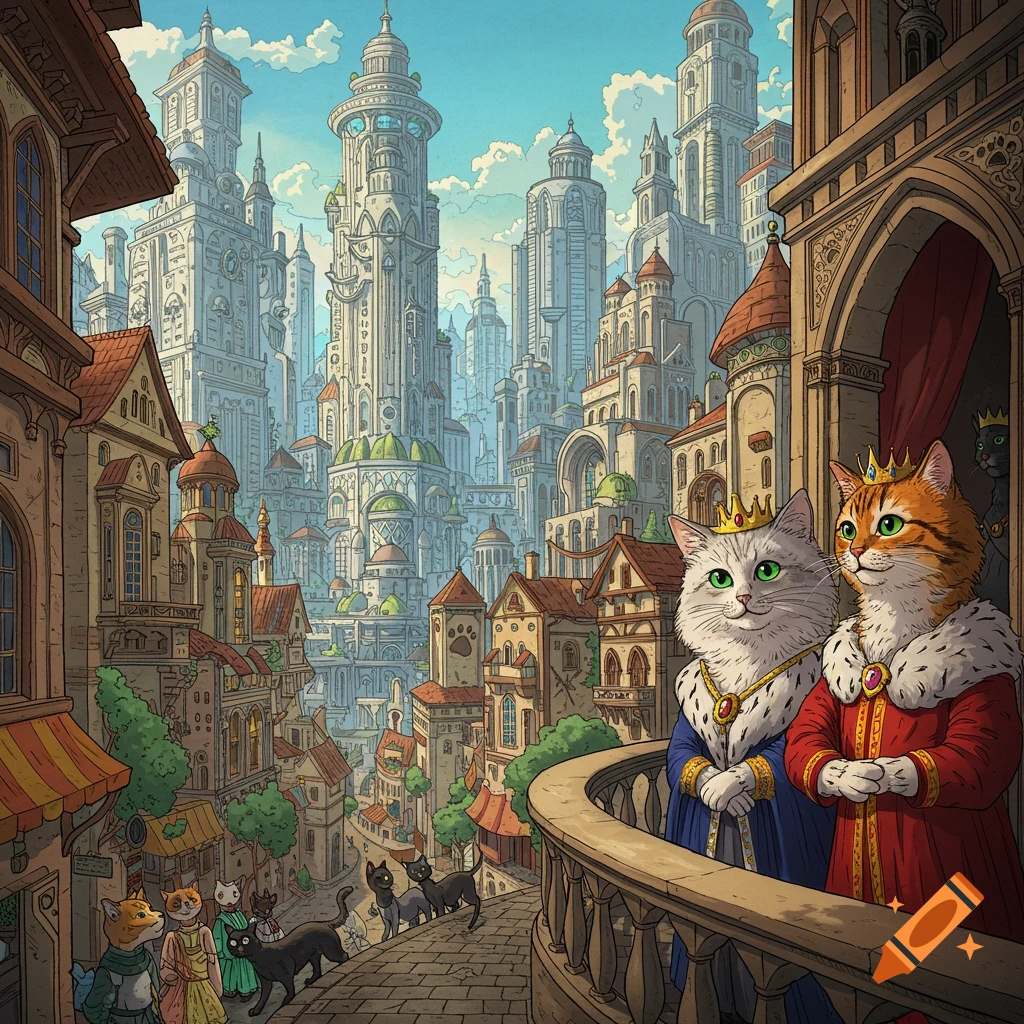 Cartoon illustration of a cat king and queen on a balcony overlooking a detailed fantasy city.