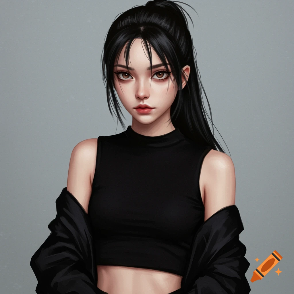 A girl with a black ponytail, crop top, and jacket against a gray background.
