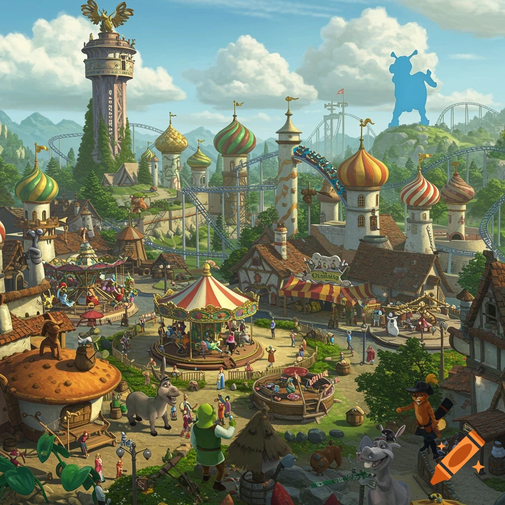 A whimsical Shrek-themed amusement park with cartoon characters, rides, and fairytale buildings.
