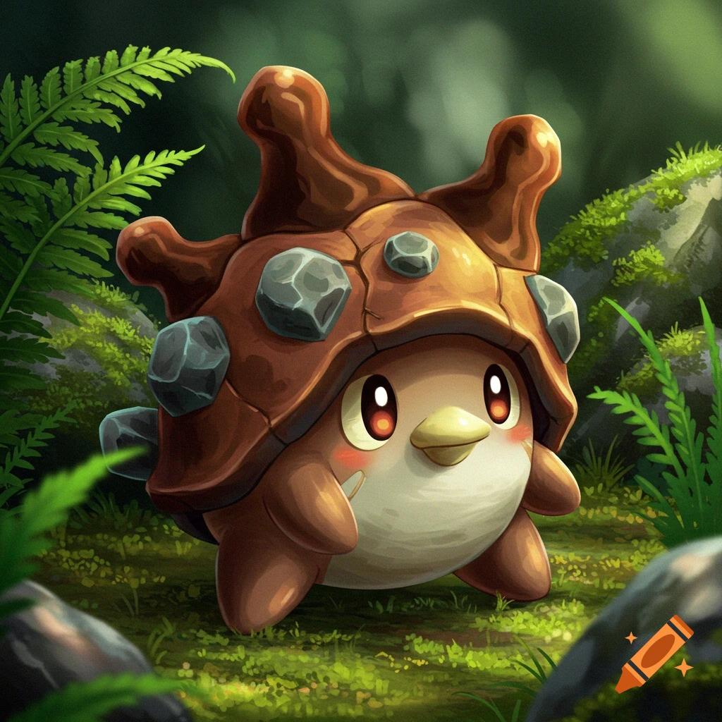 A cute, cartoon-like Shuckle creature stands in a forest clearing.