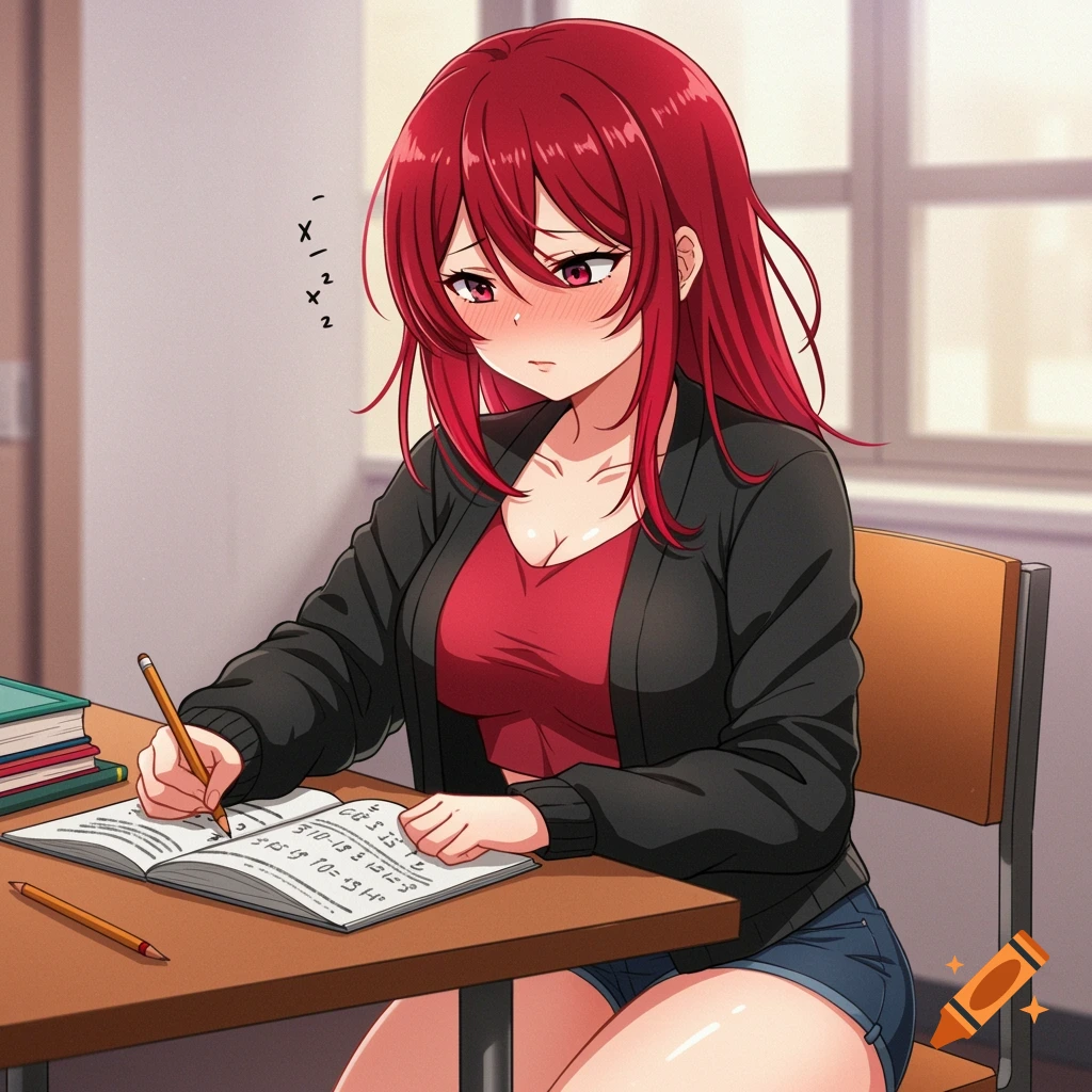 Anime girl with red hair doing math homework at a desk, writing in a notebook and blushing.