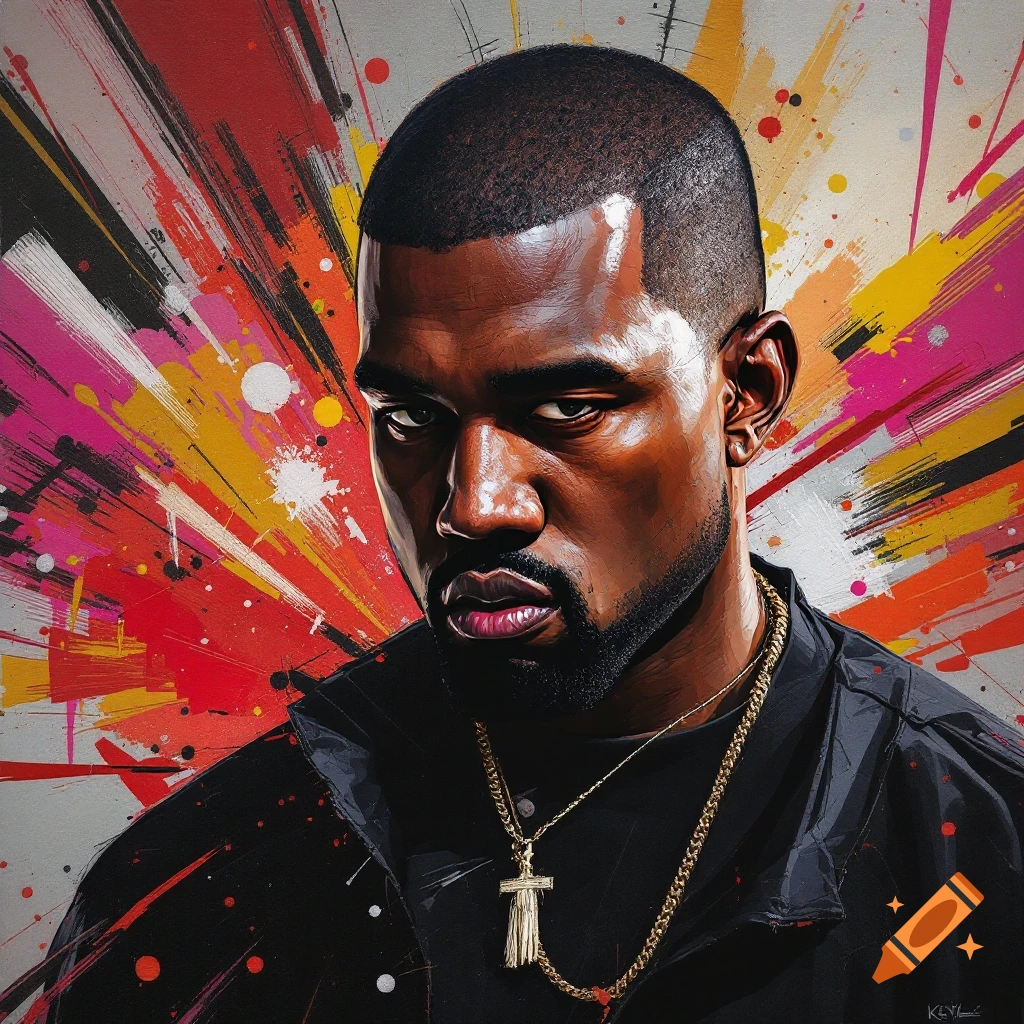 Portrait of Kanye West with abstract paint splatter background.