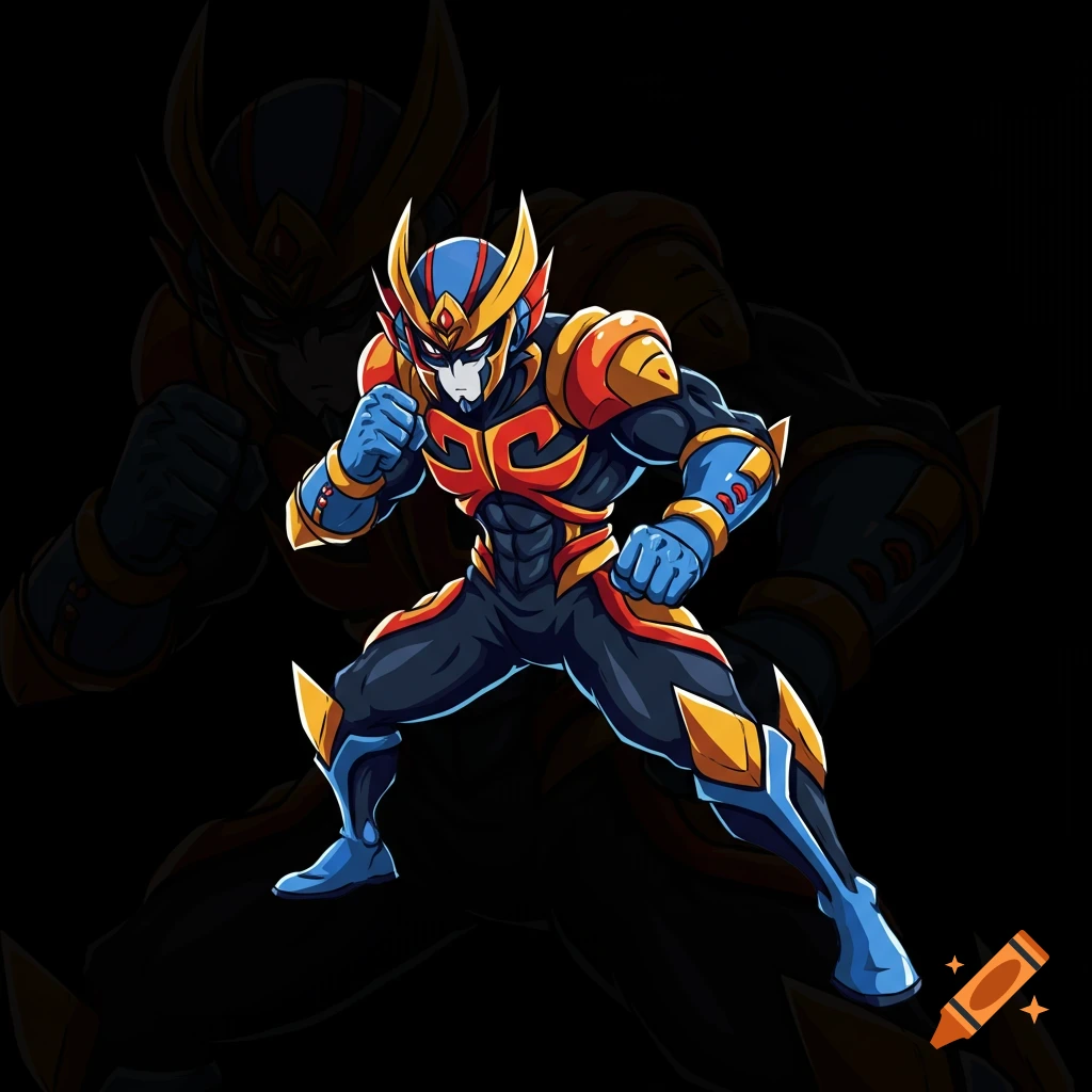 Cartoon superhero in blue, black, red, and gold suit with chest emblem, in a fighting pose on a black background.