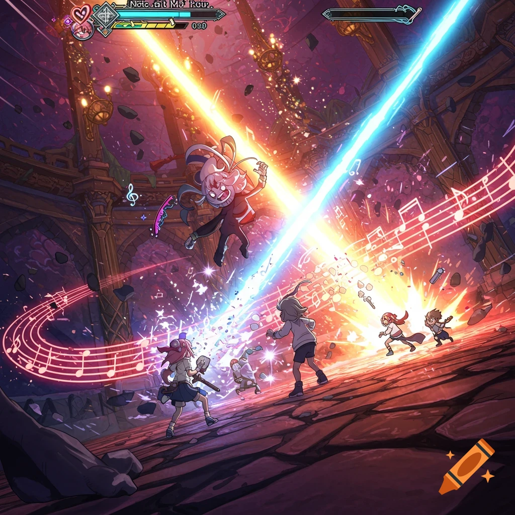 Anime-style fantasy boss fight scene with characters casting magic beams and musical notes in a ruined hall.