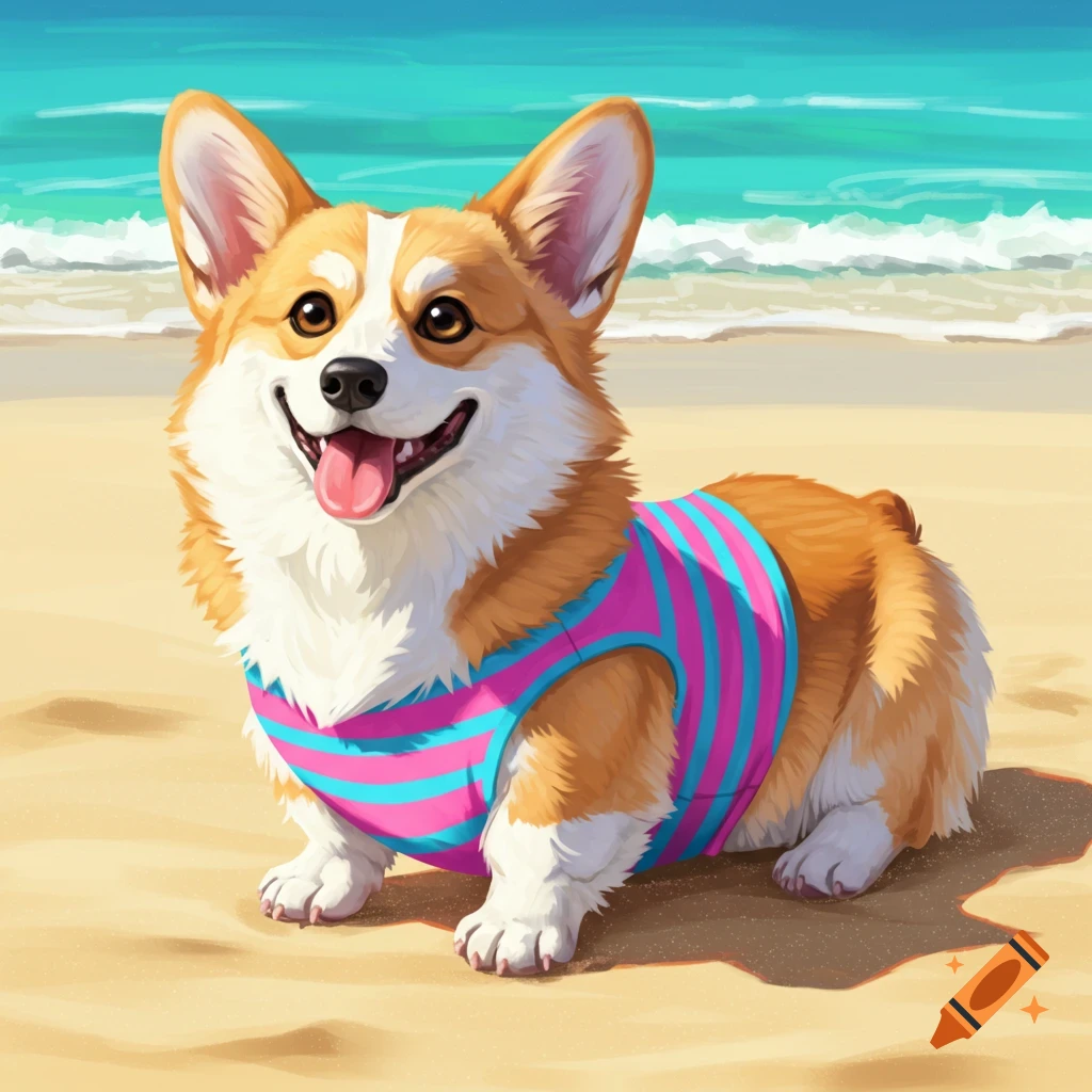 A corgi in a striped swimsuit sitting on a sandy beach with waves in the background.