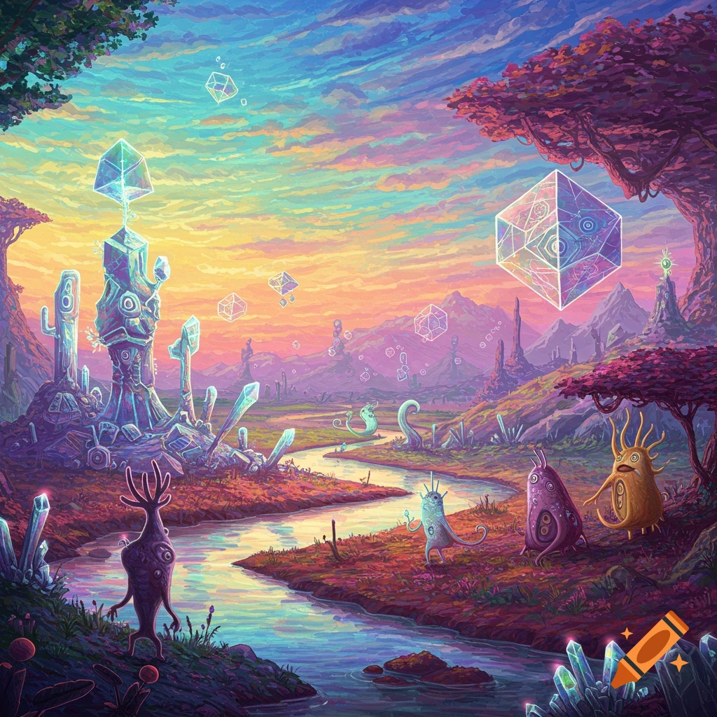 A vibrant alien landscape with weird creatures, crystals, a river, and geometric shapes in the sky.