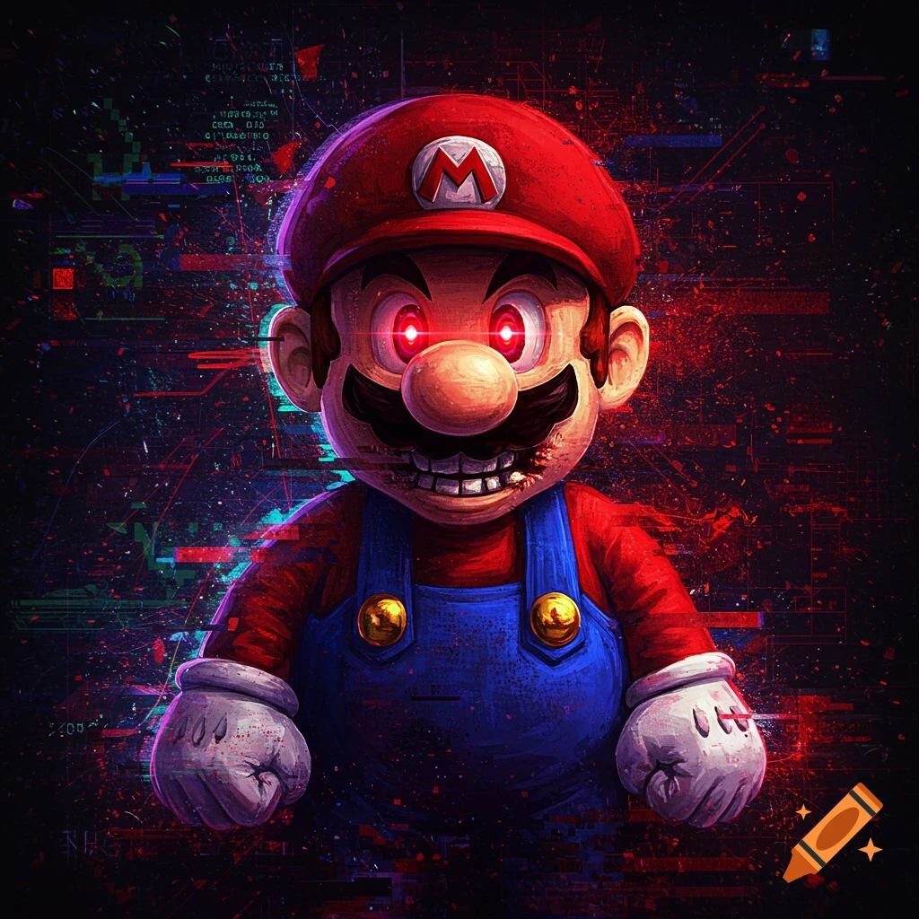 A creepy, hacked Mario with glowing red eyes and sharp teeth against a glitchy background.