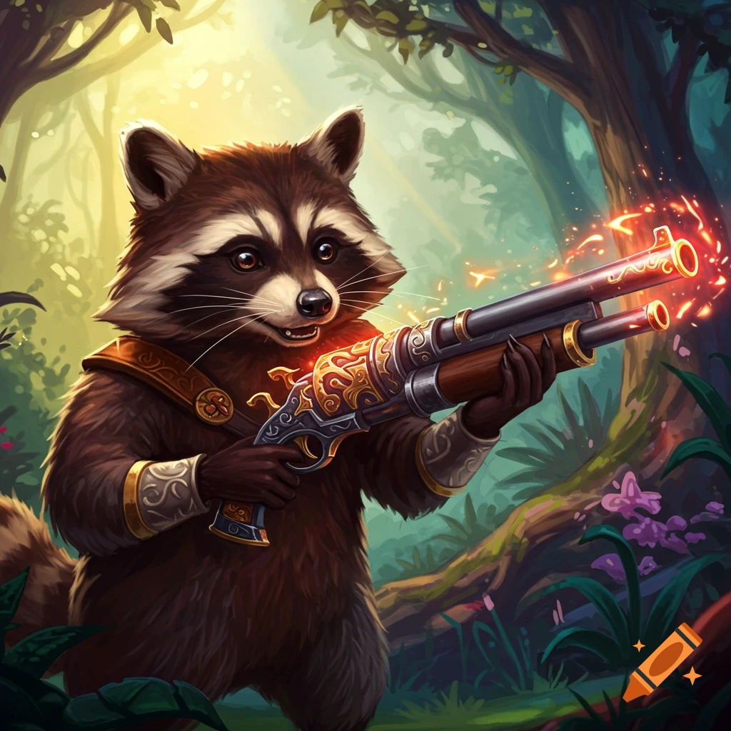 A raccoon with a glowing shotgun in a forest.
