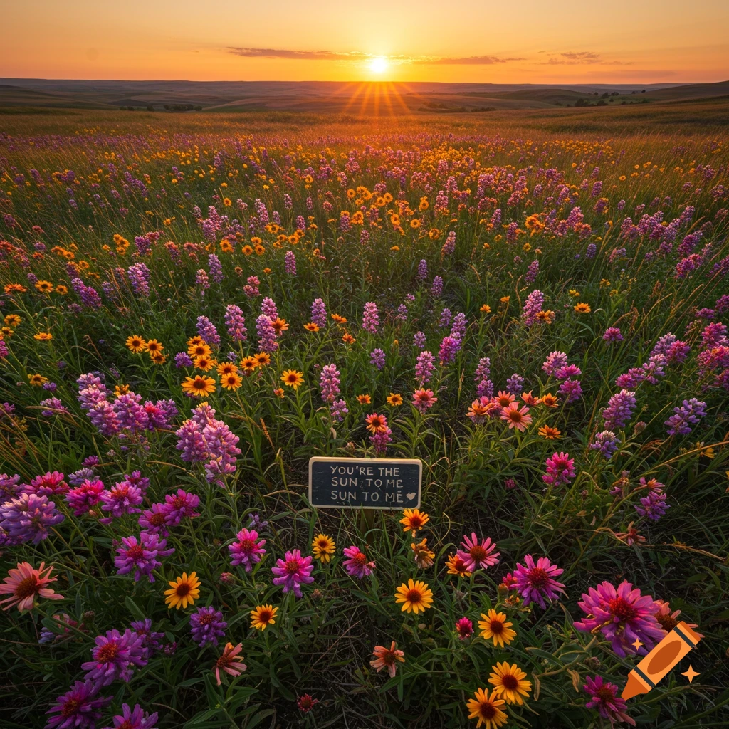 Photorealistic landscape photo of a field of purple, pink, and yellow wildflowers at sunset. A small sign in the foreground reads "YOU'RE THE SUN TO ME SUN TO ME ❤️"