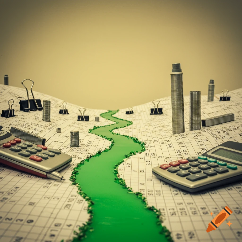 Miniature landscape made from accounting supplies on ledger paper, with calculators, stapler, paper clips, and a green river.