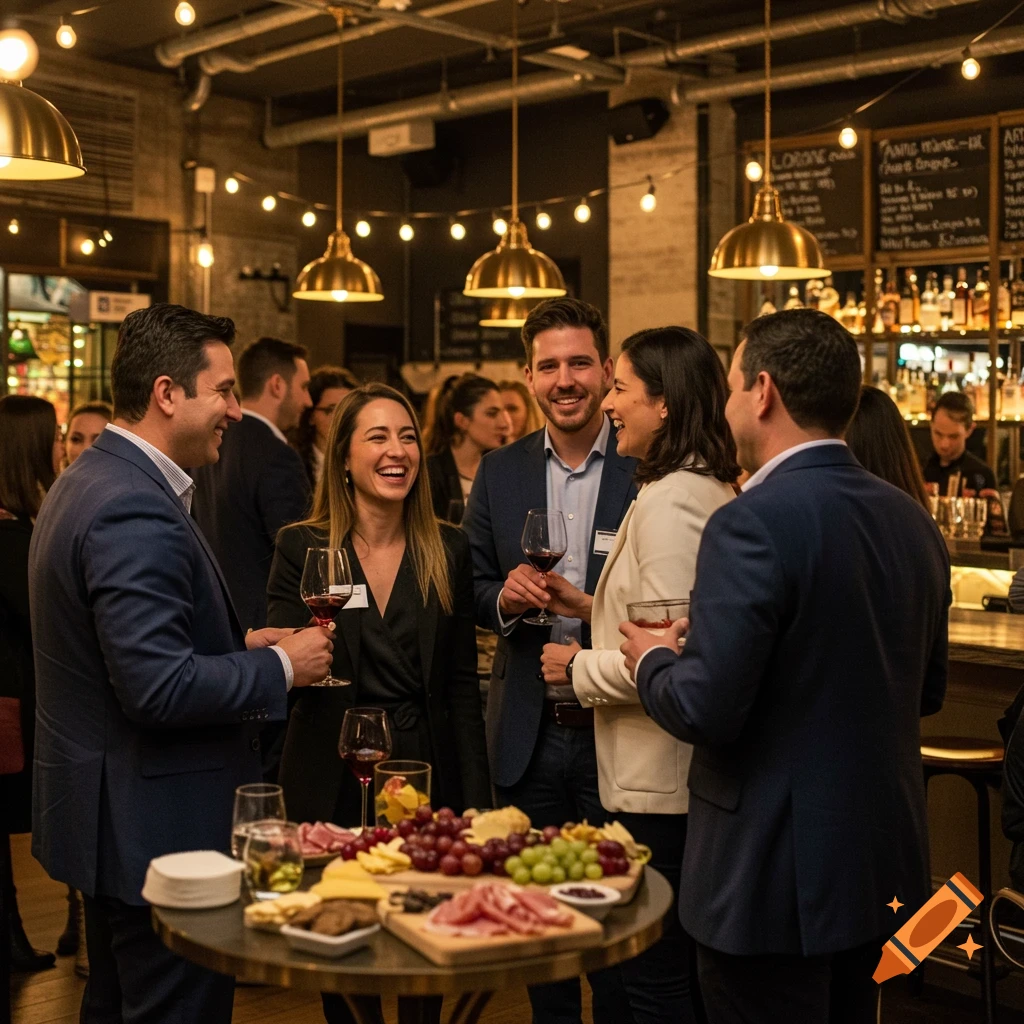 Professionals mingle and laugh at a networking happy hour event in a bar.