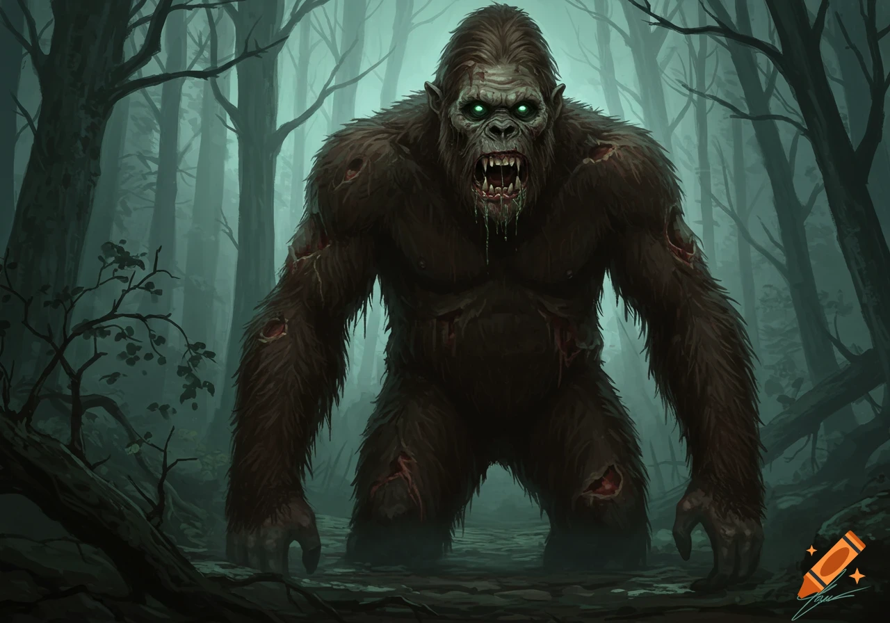 Undead bigfoot with green eyes in a dark forest.