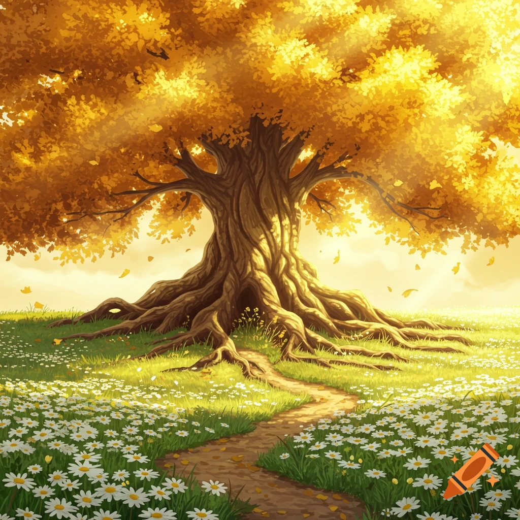 A large gold tree with roots in a field of daisies and a path.