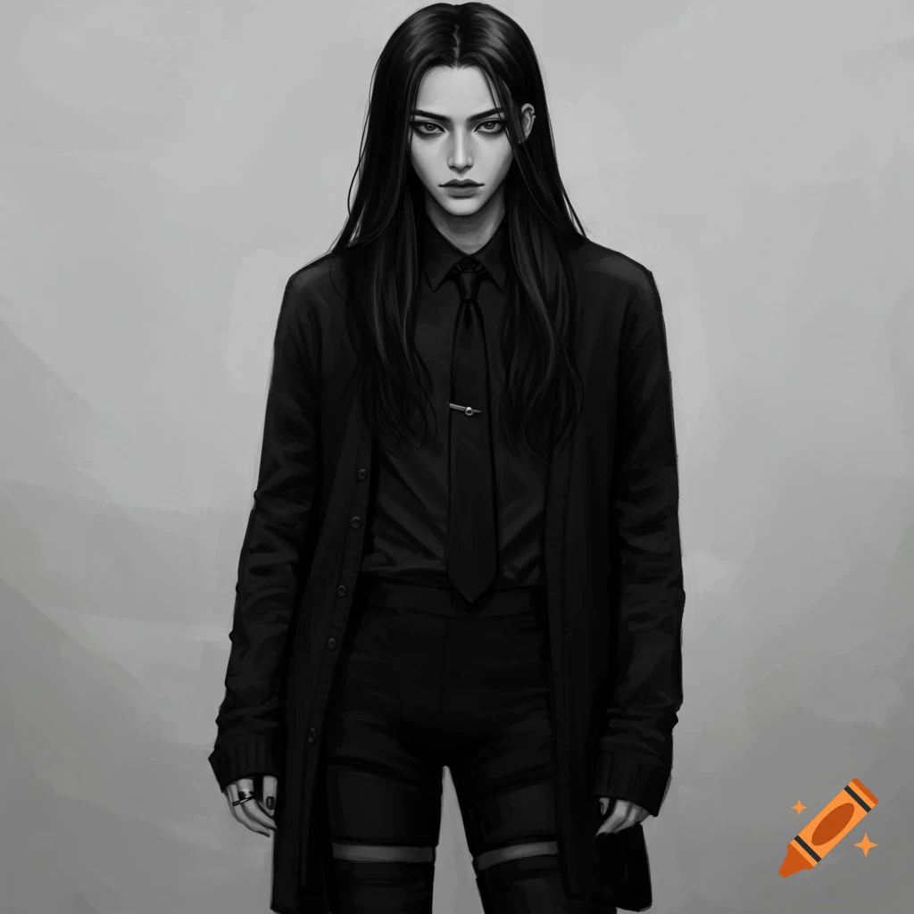 A black and white image of a person with long black hair, wearing a cardigan, shirt, tie, and shorts.