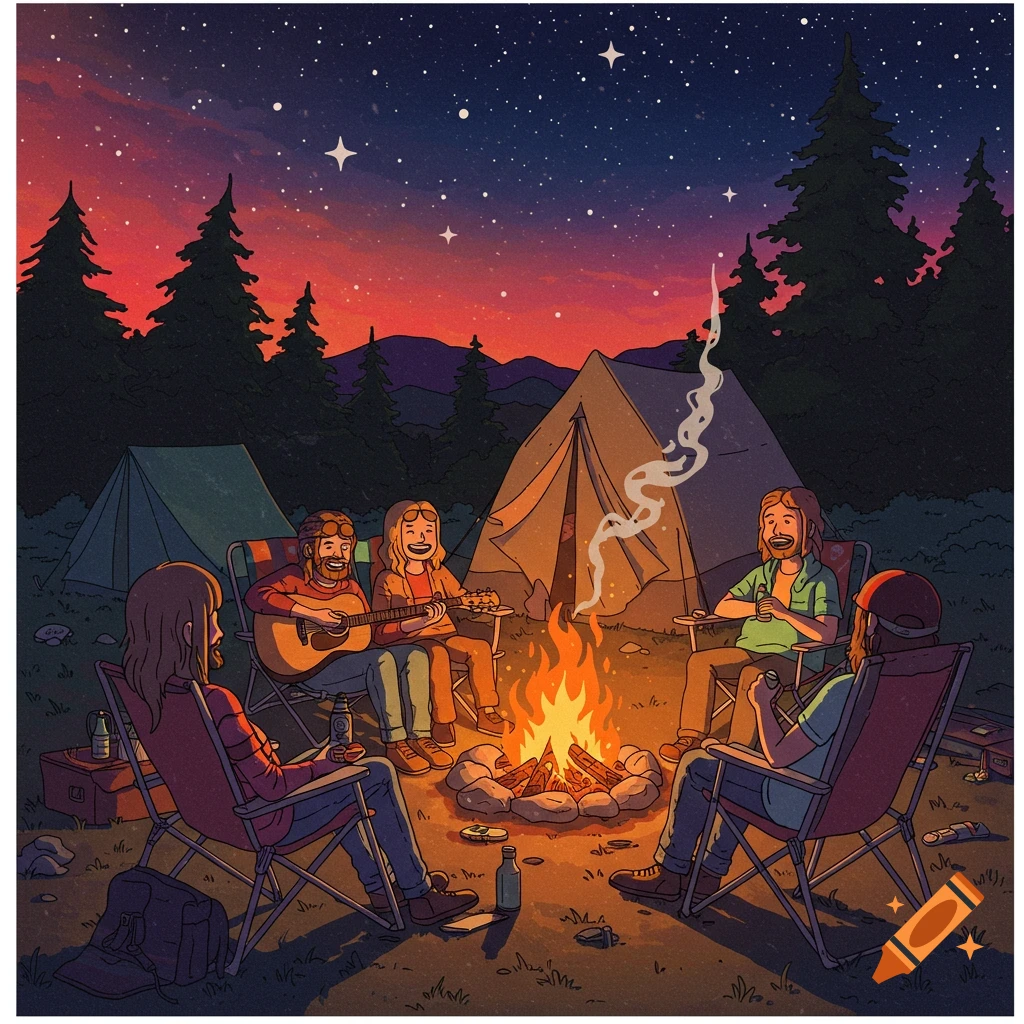 People playing guitar around a campfire under a starry night sky while camping.
