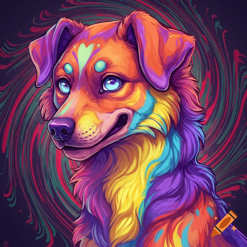 Psychedelic dog with vibrant swirling colors against a dark background.