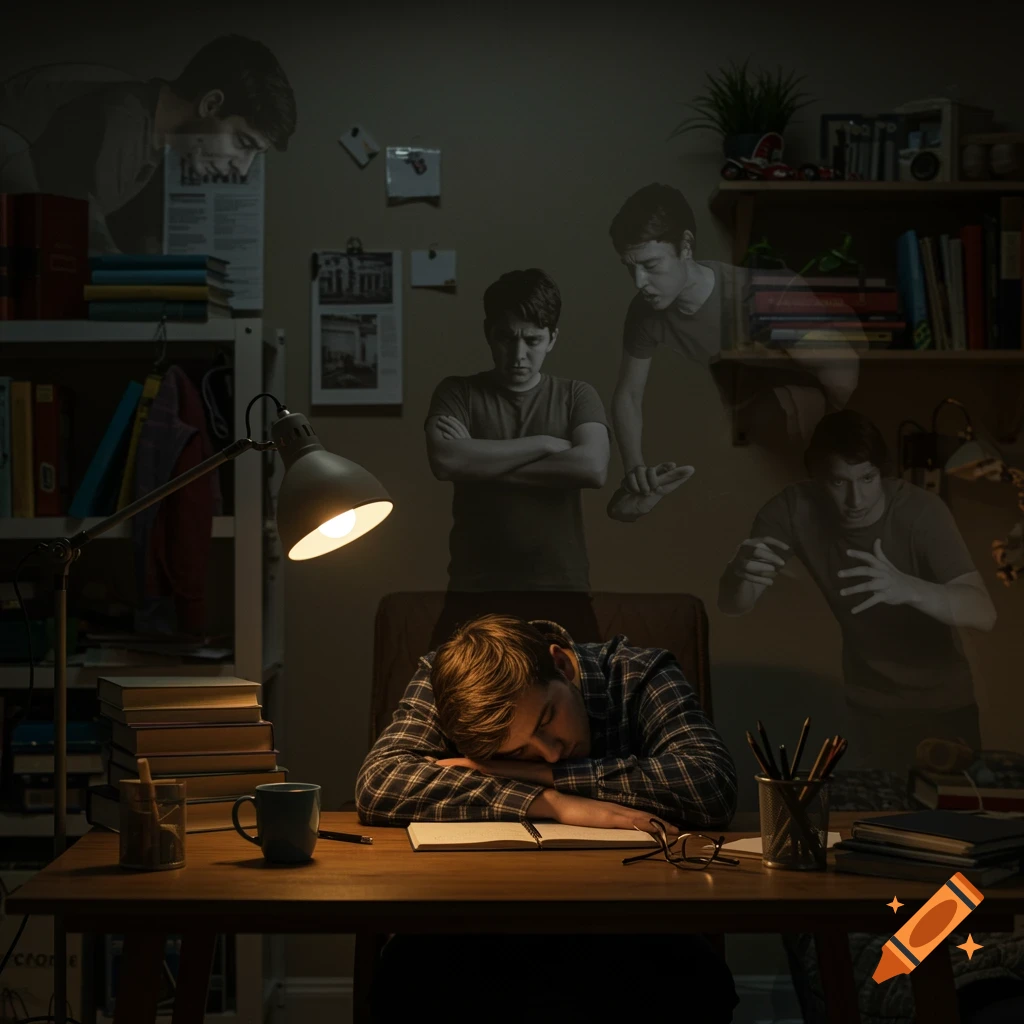 A young man sleeps at a desk surrounded by transparent figures of himself showing different emotions in a dimly lit room.