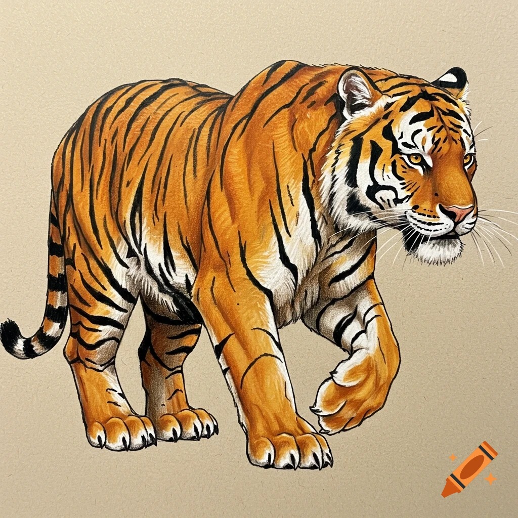 A detailed drawing of a tiger walking.