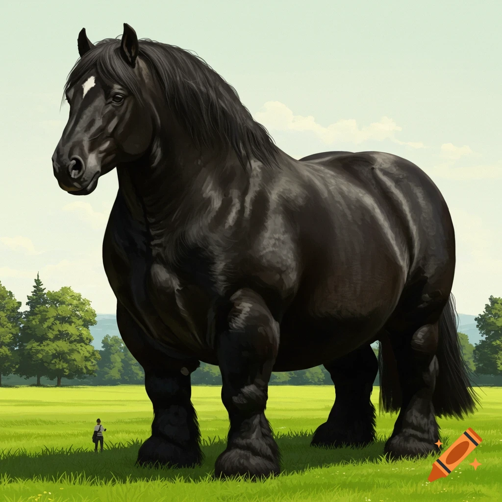 An enormous black horse stands in a green field with trees and hills in the background.