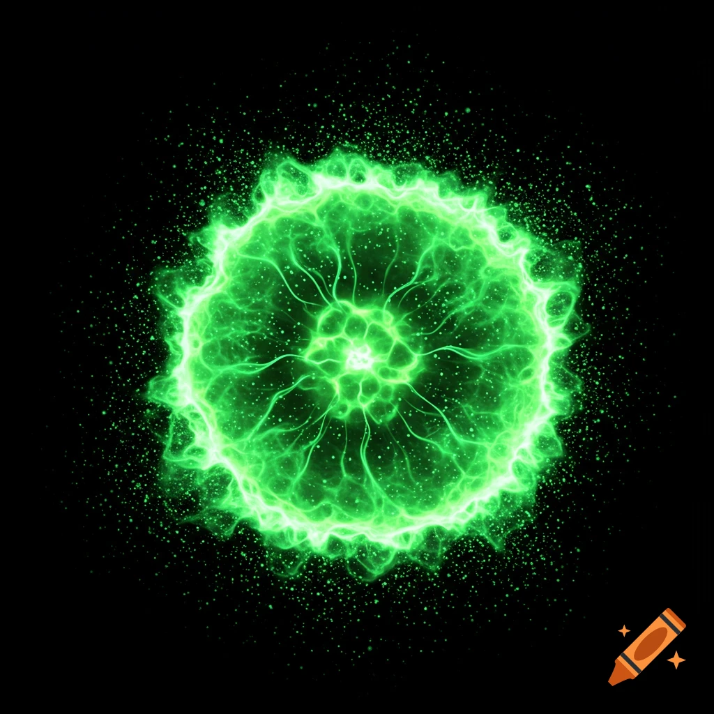 A vibrant green plasma ball with particles radiating outwards on a black background.