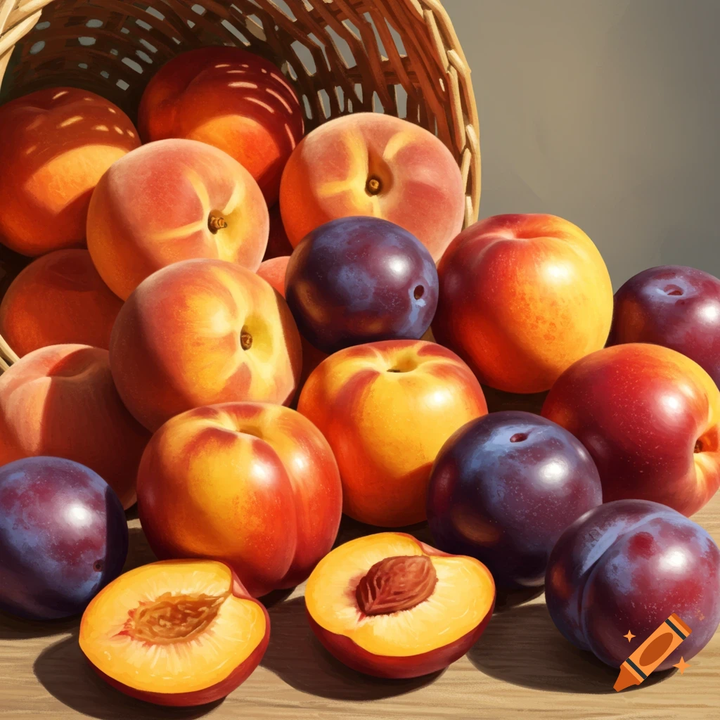Peaches and plums in a basket.