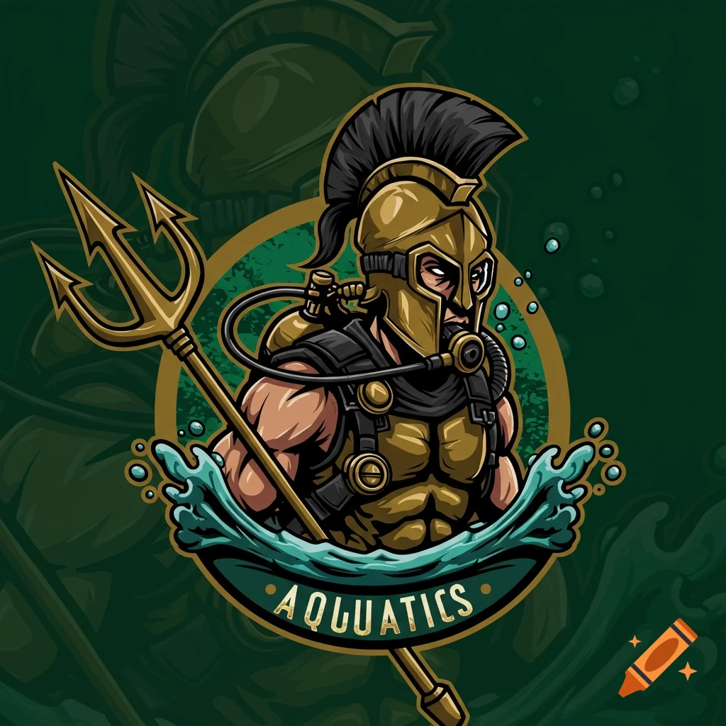 Spartan character in diving gear and helmet holding a trident in a logo style