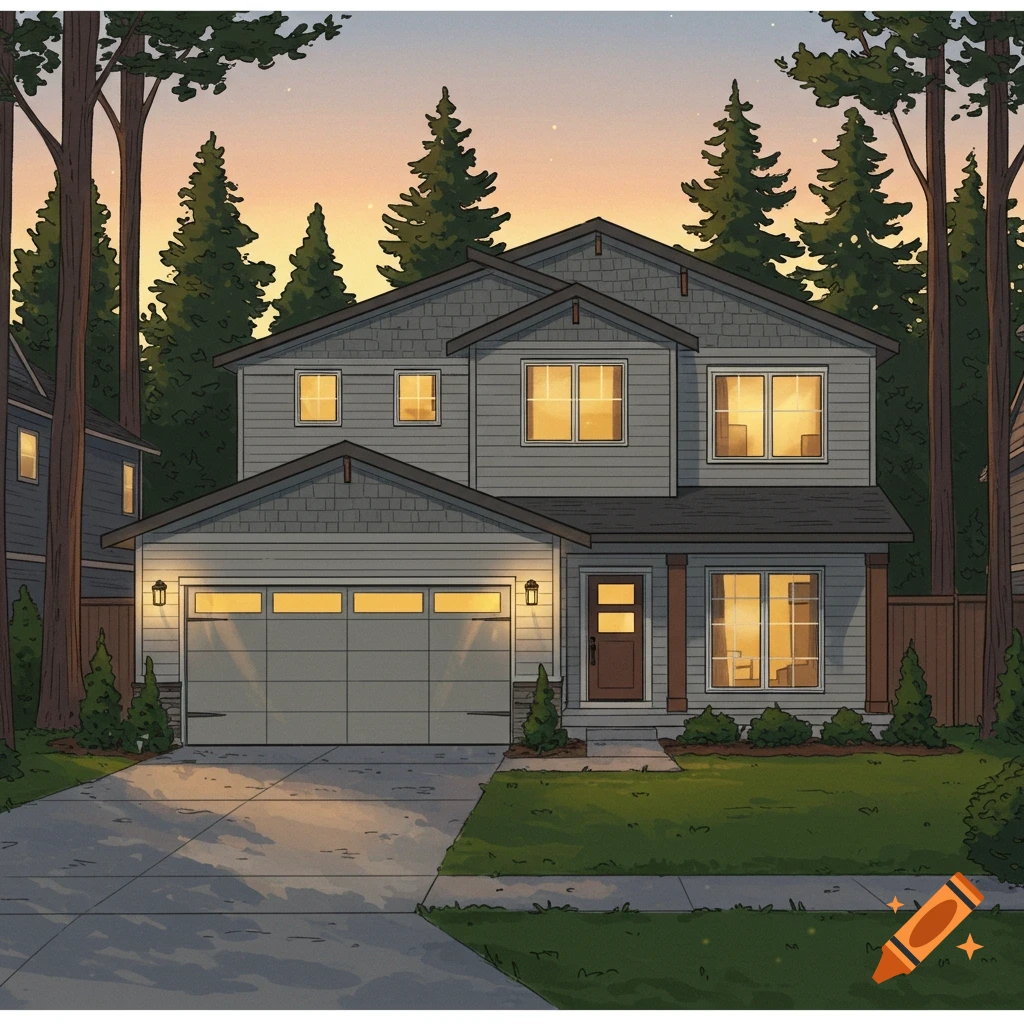 A modern house at sunset, with lights on, surrounded by tall trees.