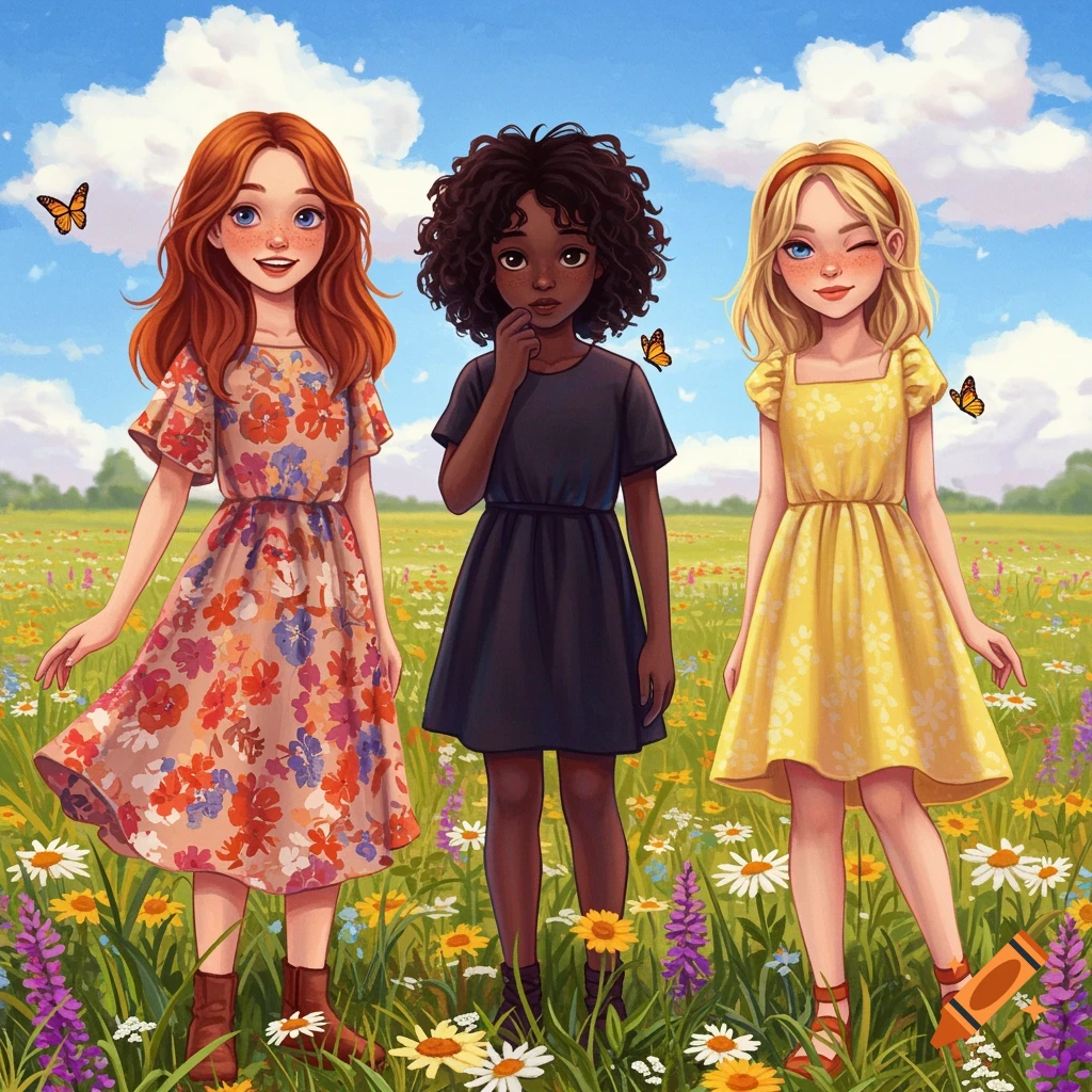 Three diverse girls are in a sunny meadow filled with wildflowers and butterflies.