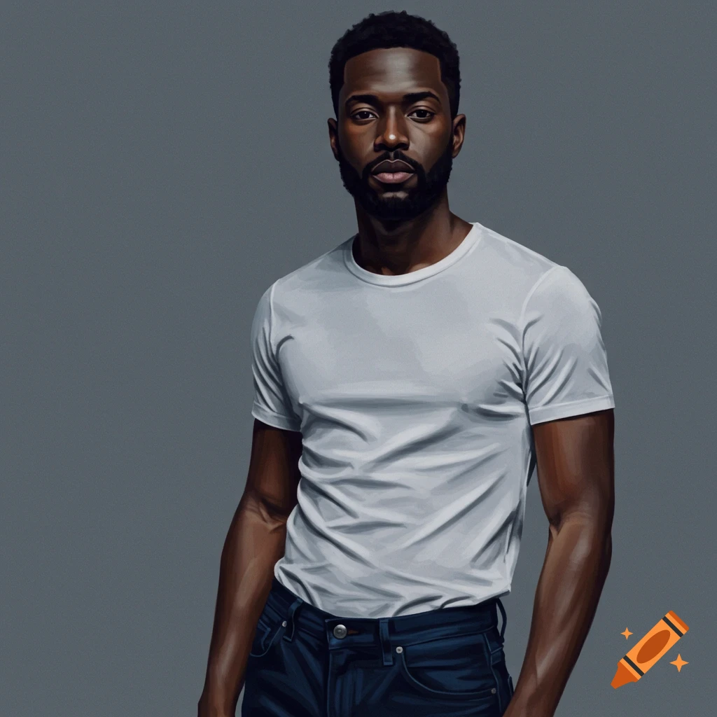 Image of a Black man wearing a white t-shirt and blue jeans.